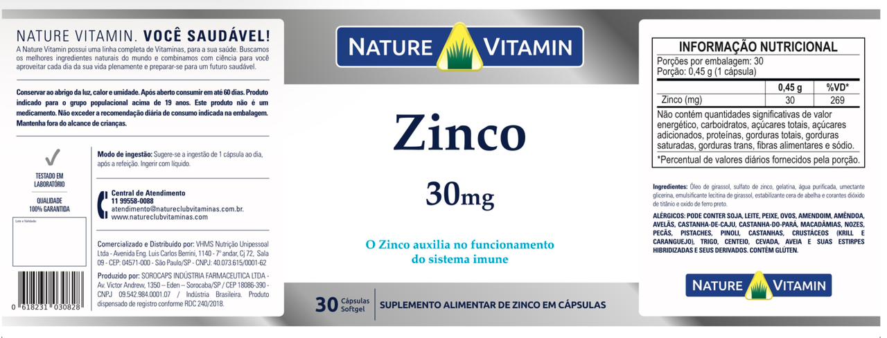 Zinco Quelato 30mg - 30 Cáps Softgel - Nature Vitamin (SCP)