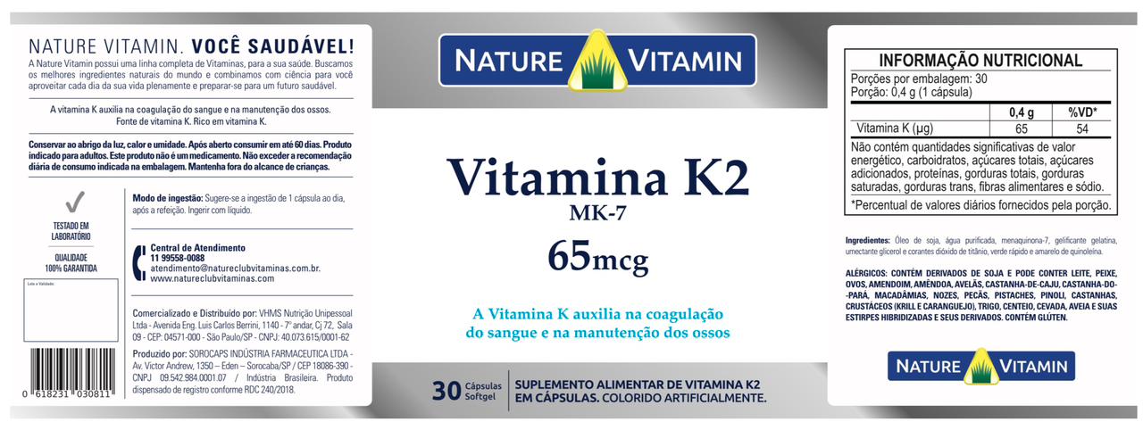 Vitamina K2-MK7 65mcg - 30 Cáps Softgel - Nature Vitamin (SCP)