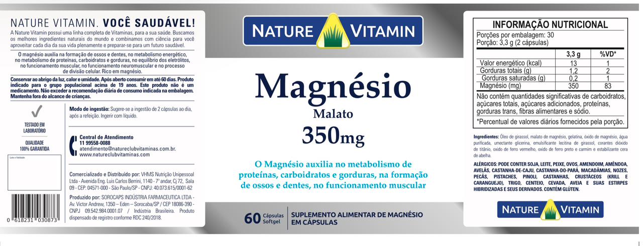 Magnésio Malato 350mg - 60 Cáps Softgel - Nature Vitamin (SCP)