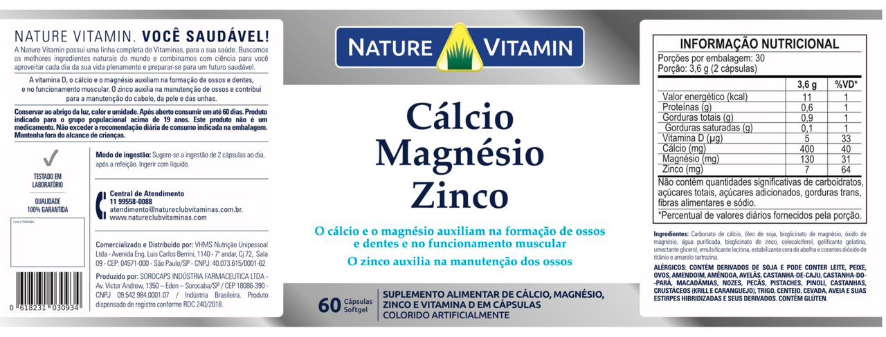 Cálcio Magnésio Zinco - 60 Cáps Softgel - Nature Vitamin (SCP)