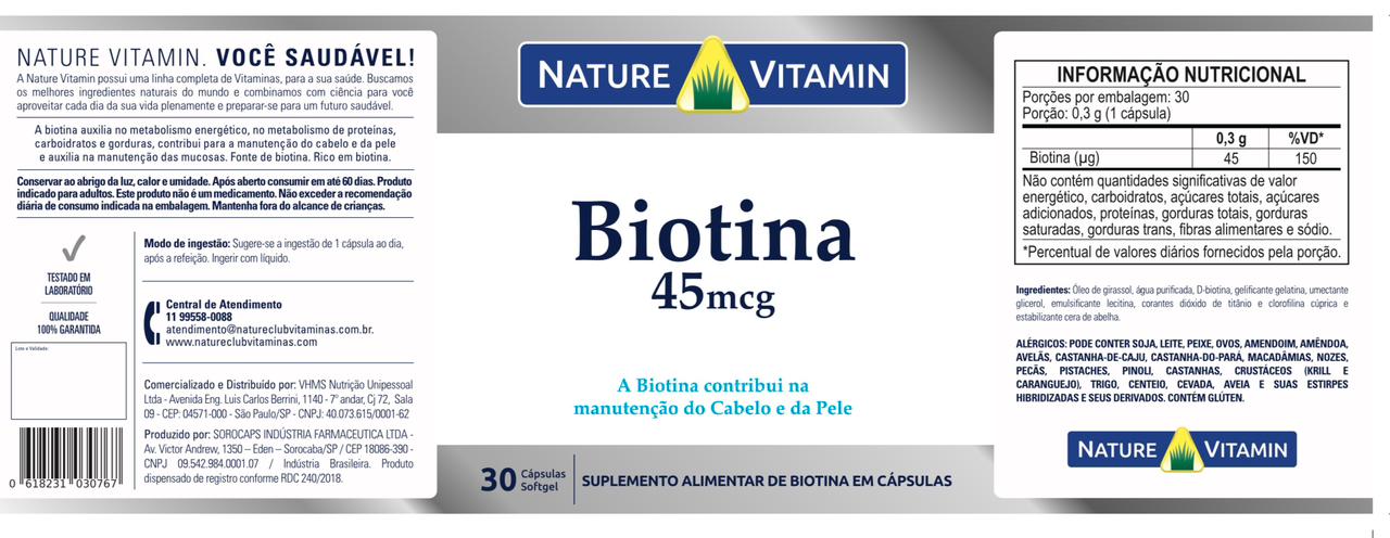 Biotina 45mcg - 30 Cáps Softgel - Nature Vitamin (SCP)