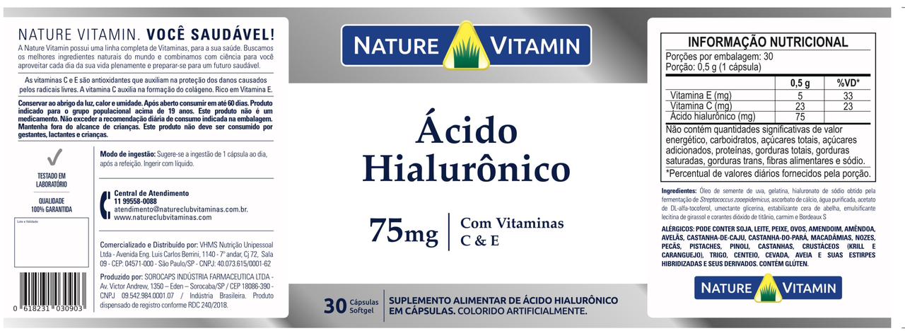 Ácido Hialurônico 75mg - 30 Cáps Softgel - Nature Vitamin (SCP)